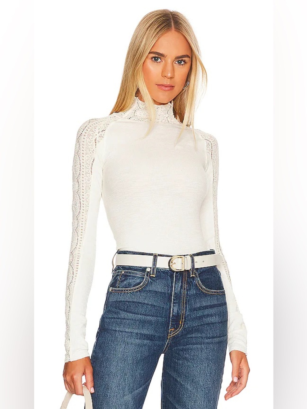 Free People Freddie Long Sleeve Lace Top White Size Large